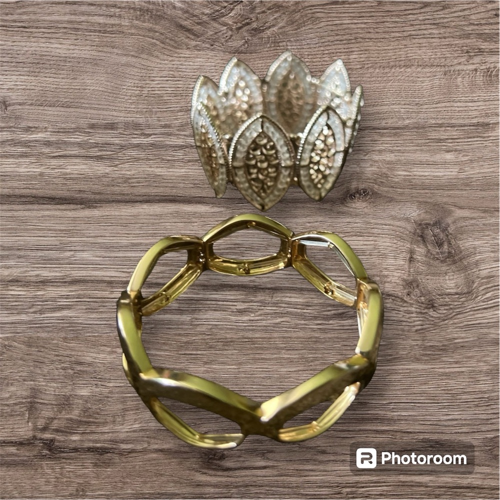 Bundle of two gold fashion bracelets. Bangle and stretch.